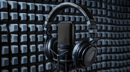 Studio microphone and pop shield on mic stand against gray background