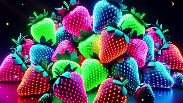 Colorful background with neon strawberries and gold sparkles.