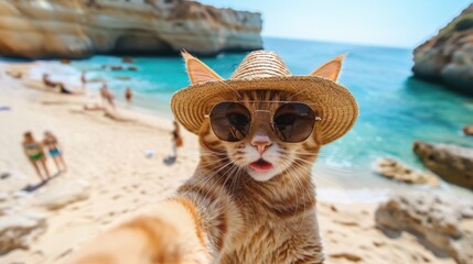 Naklejka premium Fashionable Cat in Sunglasses and Straw Hat Captures a Selfie Moment on a Vibrant Beach with Majestic Rocky Cliffs and Crystal Clear Turquoise Waters in the Background