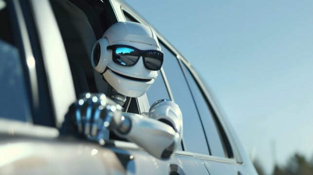 Cool Robotic Driver in Sunglasses Leaning Out of Car Window on a Sunny Day, Representing Autonomous Driving and the Future of Road Trips with a High-Tech Android