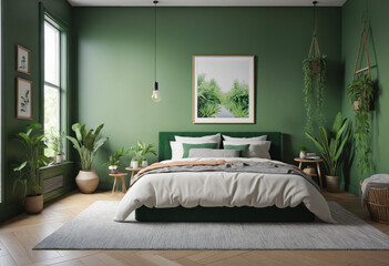 Illustration of boho style interior, bedroom with green wall, 3d