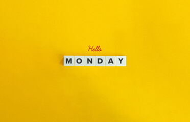 Hello Monday Banner. Block Letter Tiles and Cursive Text on Yellow Background.