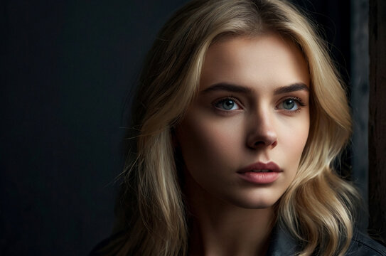 Close up portrait pensive young blonde woman, posing at dark gray background, looking away. Emotional face of beautiful lady isolated on blank studio wall. Human emotions concept. Copy ad text space