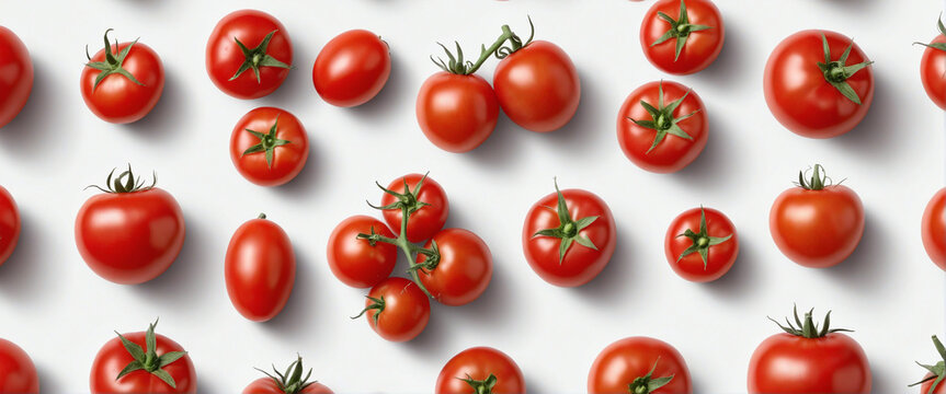 Set of red tomato varieties isolated over a transparent background with shadow, natural organic vegetable design elements, top view, flat lay