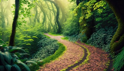 A sun-dappled path through a dense, verdant forest, with a canopy of leafy plants - obrazy, fototapety, plakaty