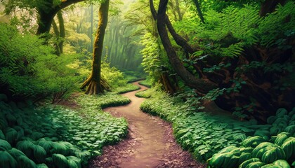 A sun-dappled path through a dense, verdant forest, with a canopy of leafy plants