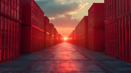 Stunning view of stacked red cargo containers in the storage area of freight sea port terminal, generated ai - obrazy, fototapety, plakaty