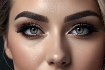 Close up portrait wink eye woman, posing at dark gray background, looking at camera. Emotional face of lovely young flirting lady isolated on blank studio wall. Human emotions concept. Copy text space