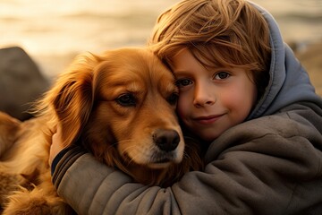 Boy hugging his dog