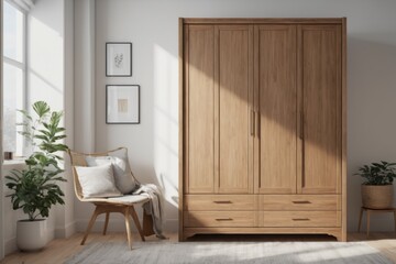 A vintage brown wooden cabinet with a closed door complements the warm interior design of the home