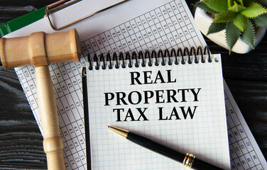 REAL PROPERTY TAX LAW - words on a white sheet on the background of a judge's gavel, a cactus and a...