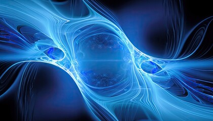 A vibrant blue fractal wave pattern radiates from a futuristic technology interface