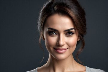 Close up portrait unhappy woman with grinning look, posing at dark gray background, looking. Emotional face of lovely lady isolated on blank studio wall. Human emotions concept. Copy text space