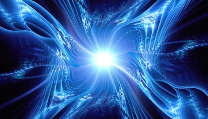 A vibrant blue fractal wave pattern radiates from a futuristic technology interface