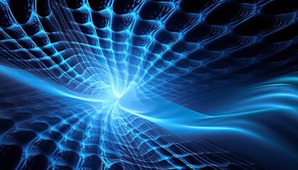 A vibrant blue fractal wave pattern radiates from a futuristic technology interface