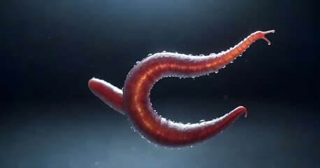 A detailed close-up of an earthworm wriggling on a fish hook submerged in water, showcasing the creature's anatomy and survival instinct.