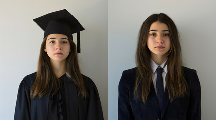 Teenage girl student looking for a job. On the left side, she is wearing a graduation gown after college, on the right side she is wearing a corporate worker or employee business suit. Career future