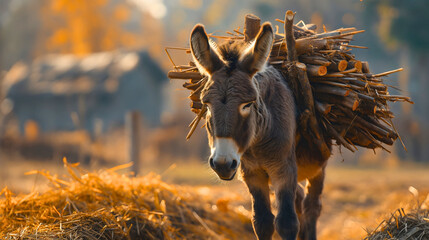 Donkey or mule carrying a heavy load pack, domestic farm animal transport, walking in the rural village or countryside outdoors on a sunny day.  - obrazy, fototapety, plakaty