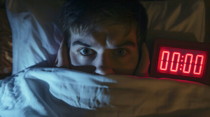 Top view of a man lying in bed, covered with blanket or sheets, frustrated young male person can't sleep, alarm clock next to his head, showing 00:00, midnight time. Insomnia and sleepless problem - obrazy, fototapety, plakaty