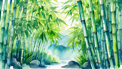 竹林の景色/ Watercolor ,風景画 ,イラスト