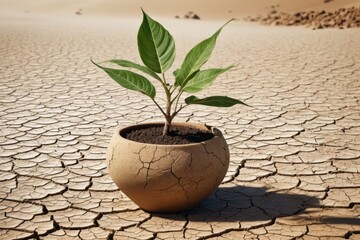 A small green desert plant with new growth pushes through sandy soil - Powered by Adobe