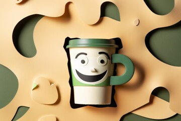 Form an abstract cubistic simple and cartoonish happy character, smiling coffee cup, tea cup, cut out like paper collage, shapes make up eyes mouth, and  drops shadow to background, empty space.