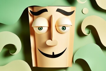 Form an abstract cubistic simple and cartoonish happy character, smiling coffee cup, tea cup, cut out like paper collage, shapes make up eyes mouth, and  drops shadow to background, empty space.
