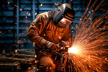 Male welder connecting metal parts with sparks flying from welding