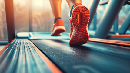 Closeup of feet running on treadmills at gym. - obrazy, fototapety, plakaty