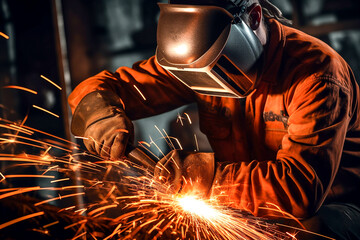 Male welder connecting metal parts with sparks flying from welding