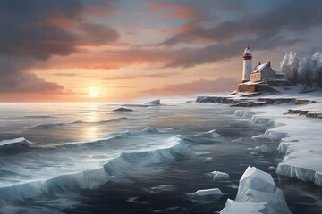 Winter Lighthouse Sunset Glow - obrazy, fototapety, plakaty