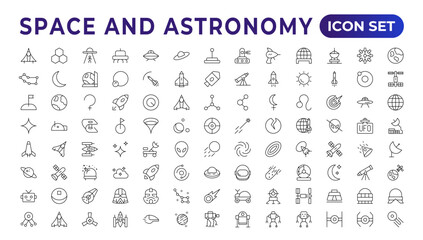 Fototapeta na wymiar Astronomy icon set. Containing satellites, the universe, astronauts, rocket, comet, telescopes, and planet icons.space Vector Line Icons, thin line style. Contains such Icons as space, planets, alien,