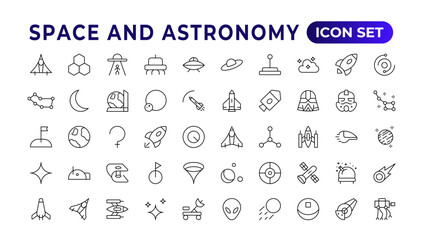 Astronomy icon set. Containing satellites, the universe, astronauts, rocket, comet, telescopes, and planet icons.space Vector Line Icons, thin line style. Contains such Icons as space, planets, alien,
