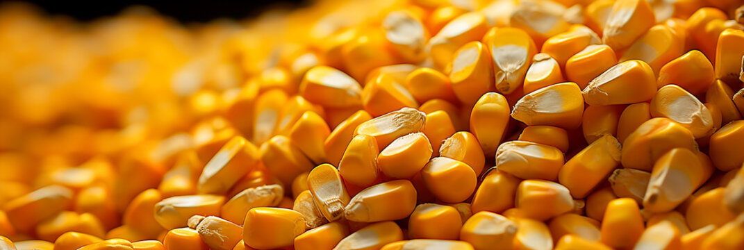 Close-up of corn kernels falling, pile of corn. Banner