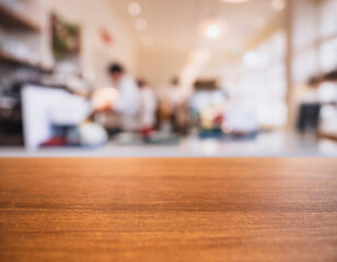 Table top counter Cafe Restaurant interior with people Blur background 