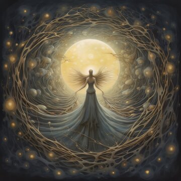 A woman in a long white dress dances under the moonlight in a serene atmosphere