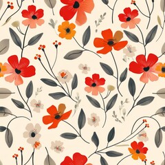 seamless floral pattern with red and orange blossoms on a cream background for fabric design, 4k