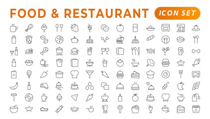 Fototapeta na wymiar Food icon collection. Containing meal, restaurant, dishes, and fruit icons. Set of outline icons related to food and drink. Linear icon collection. Outline icons such as drink water,apple leaf,pack.