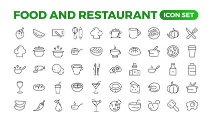 Food icon collection. Containing meal, restaurant, dishes, and fruit icons. Set of outline icons related to food and drink. Linear icon collection. Outline icons such as drink water,apple leaf,pack.