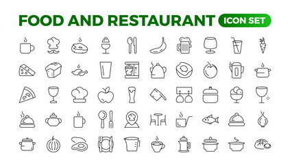 Food icon collection. Containing meal, restaurant, dishes, and fruit icons. Set of outline icons related to food and drink. Linear icon collection. Outline icons such as drink water,apple leaf,pack.