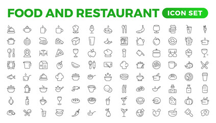 Fototapeta na wymiar Food icon collection. Containing meal, restaurant, dishes, and fruit icons. Set of outline icons related to food and drink. Linear icon collection. Outline icons such as drink water,apple leaf,pack.