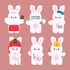 set of funny cartoon profession bunny