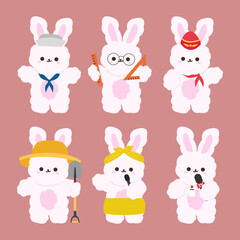 set of funny cartoon profession rabbits