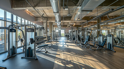 Modern gym interior with sport and fitness equipment,