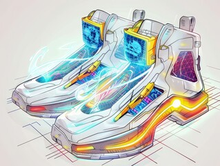 Wearable Tech Sneakers - Cartoon sneakers equipped with digital screens and interfaces, showcasing innovative wearable tech. 