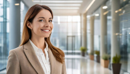 Jolie femme d'affaires souriante en costume clair dans un espace ouvert lumineux professionnel de bureaux avec grande fenêtre et fond flou pour espace de copie d'un titre ou texte - obrazy, fototapety, plakaty
