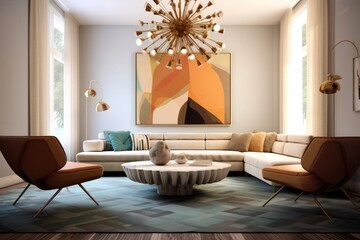 Mid-century interior design of modern living room with golden chandelier. Generative AI