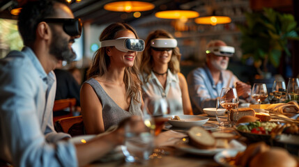 Group of people at a restaurant wearing VR headsets