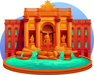 cartoon isolated trevi fountain in rome, vector illustration