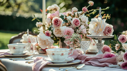 Obraz na płótnie Canvas Garden party tablescape, elegance with floral table decor